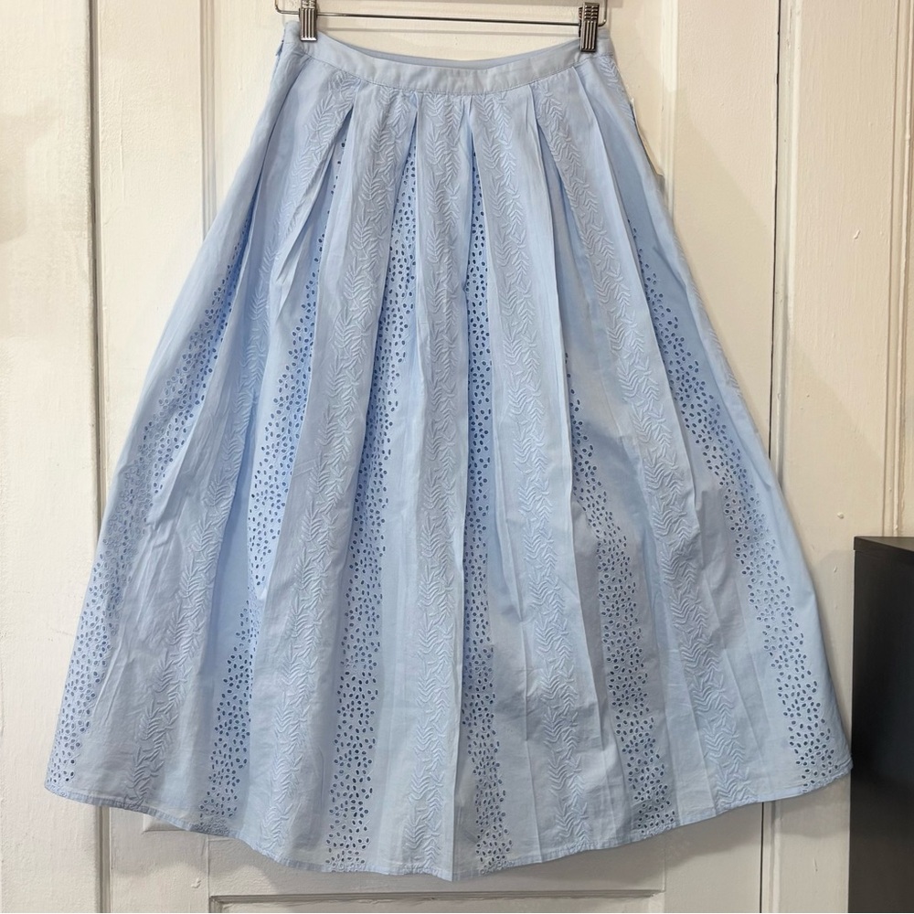 NWT On 34TH Women's Light Blue 100% Cotton Eyelet Pleated Midi Skirt, Size 6